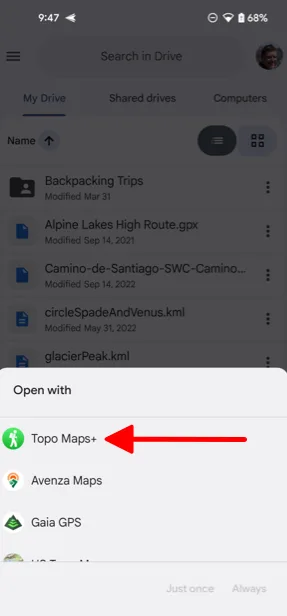 Choosing Topo Maps+ to open the file