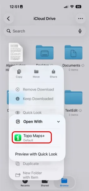 Choosing Topo Maps+ to open the file