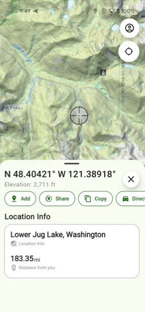 The quick menu after a long press, showing the point's coordinates and elevation