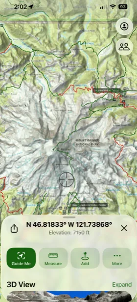 The quick menu after a long press, showing the point's coordinates and elevation