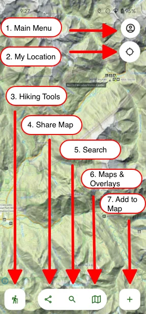 The Topo Maps+ main screen with each button labeled
