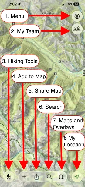 The Topo Maps+ main screen with each button labeled