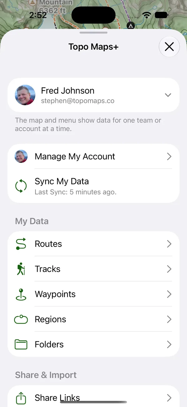 The menu open on iPhone, with the team and account row at the top, Manage My Account, Sync My Data, and the My Data section