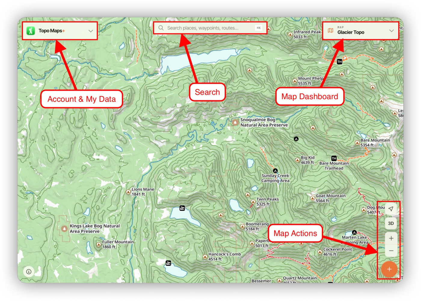 The web app with Account & My Data, Search, Map Dashboard, and Map Actions labeled