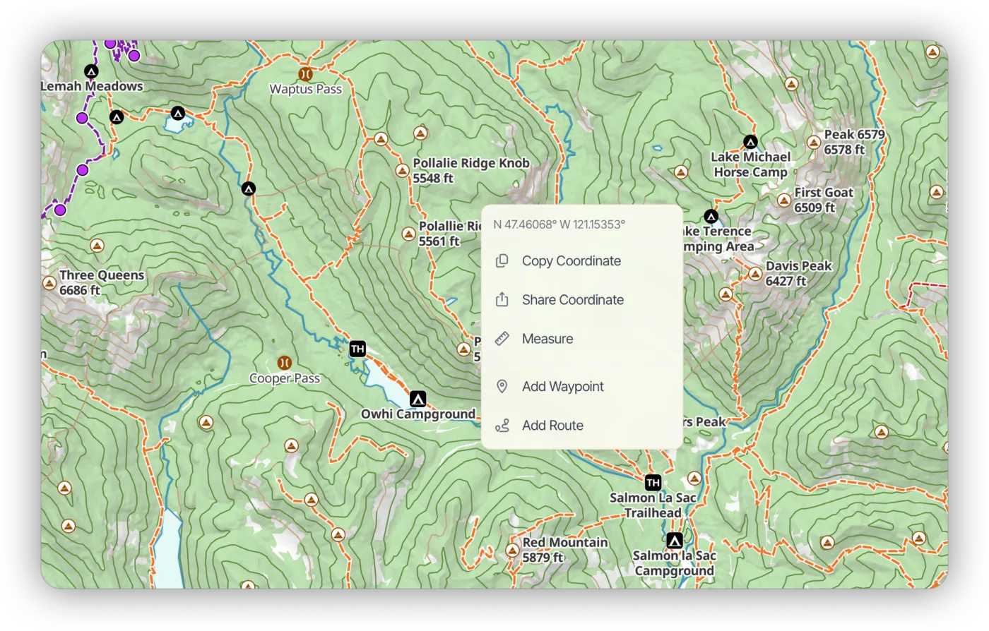 The right-click menu for a coordinate on the map