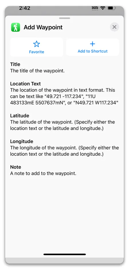 The Add Waypoint action and its Title, Location Text, Latitude, Longitude, and Note fields