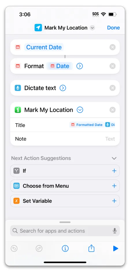 A shortcut that combines the current date and dictated text into the waypoint title