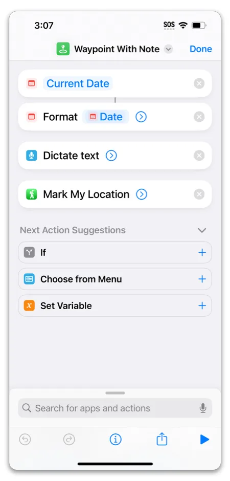 A Waypoint With Note shortcut that saves dictated text as the waypoint note