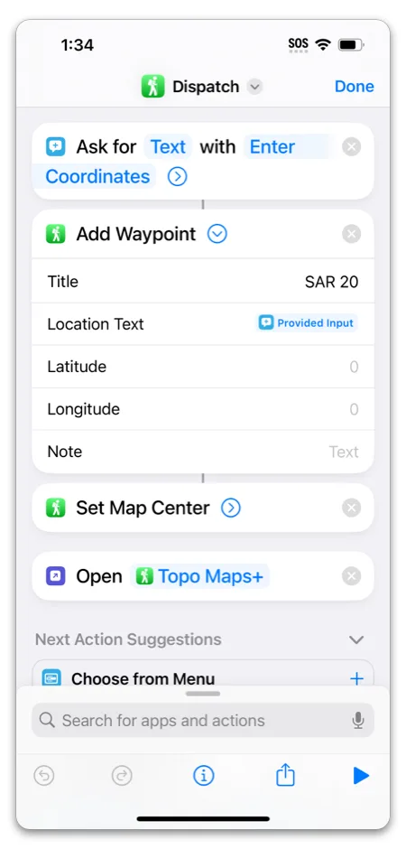A Dispatch shortcut that asks for coordinates, adds a waypoint, sets the map center, and opens Topo Maps+