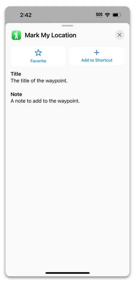 The Mark My Location action with its Title and Note fields