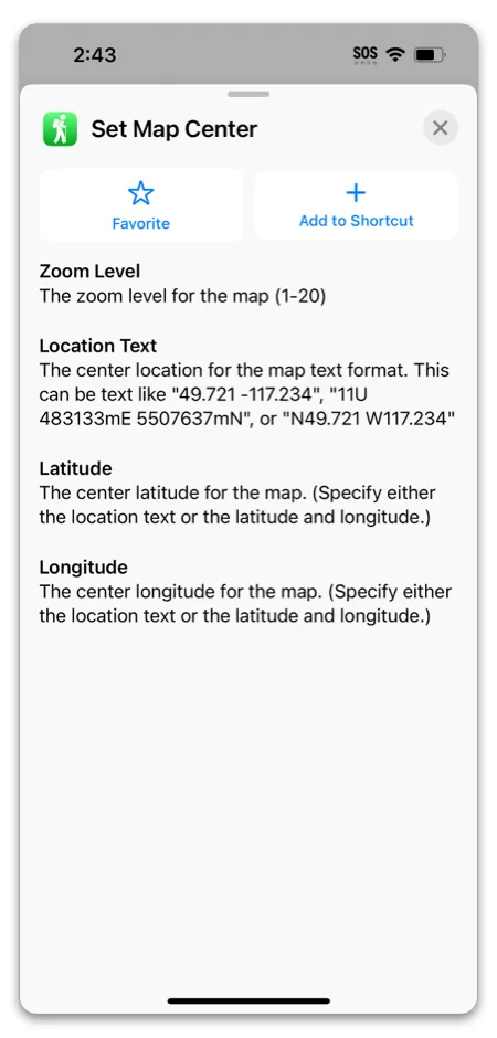 The Set Map Center action with Zoom Level, Location Text, Latitude, and Longitude fields