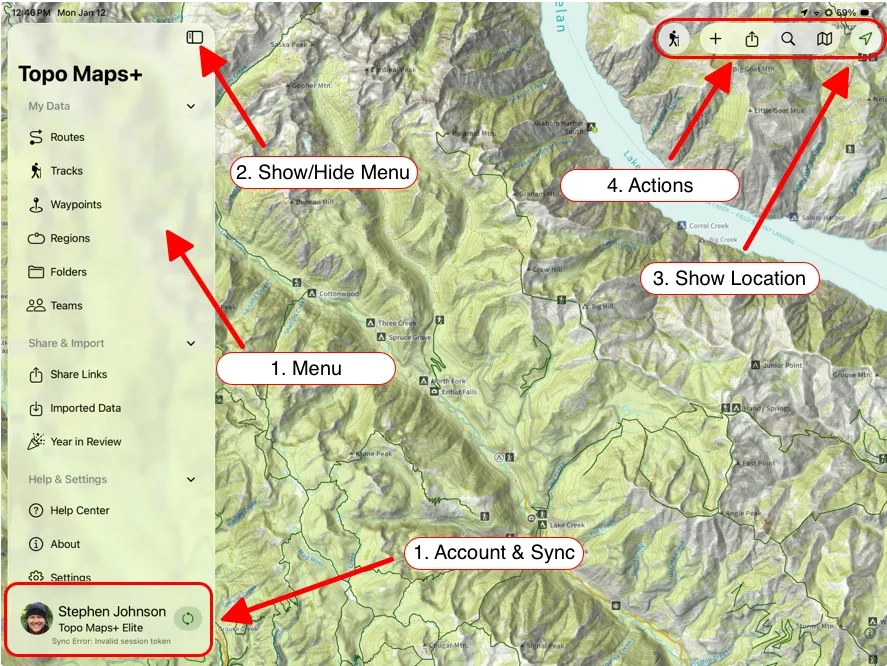 The Topo Maps+ iPad main screen with the menu, Show/Hide Menu, Actions, Show Location, and Account & Sync labeled