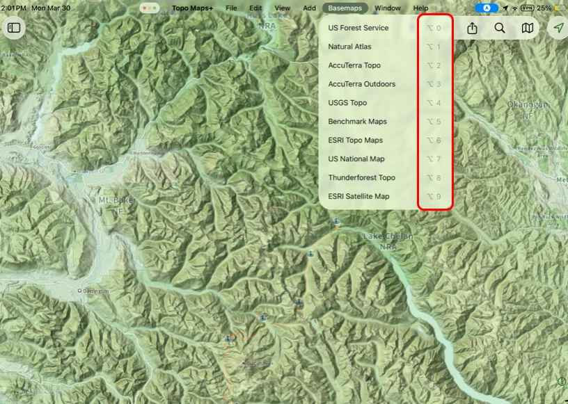 The Basemaps menu on iPad listing favorite maps with Option-number shortcuts