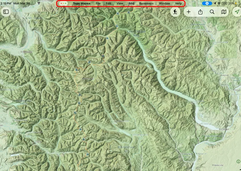 The Topo Maps+ menu bar at the top of the iPad screen