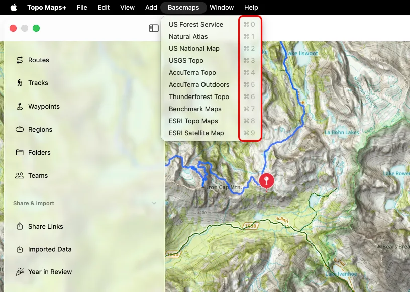 The Basemaps menu on Mac listing favorite maps with Command-number shortcuts