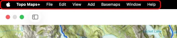 The Topo Maps+ menu bar on Mac: File, Edit, View, Add, Basemaps, Window, and Help