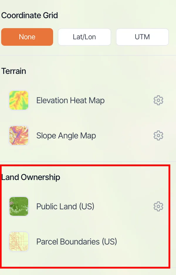 The Land Ownership section of the map dashboard with Public Land (US) and Parcel Boundaries (US)