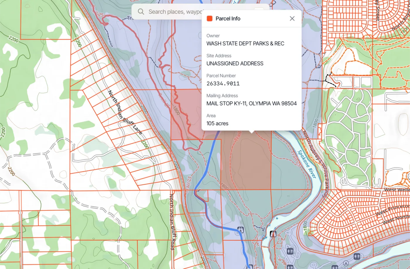 A Parcel Info popup showing the owner, site address, parcel number, mailing address, and area