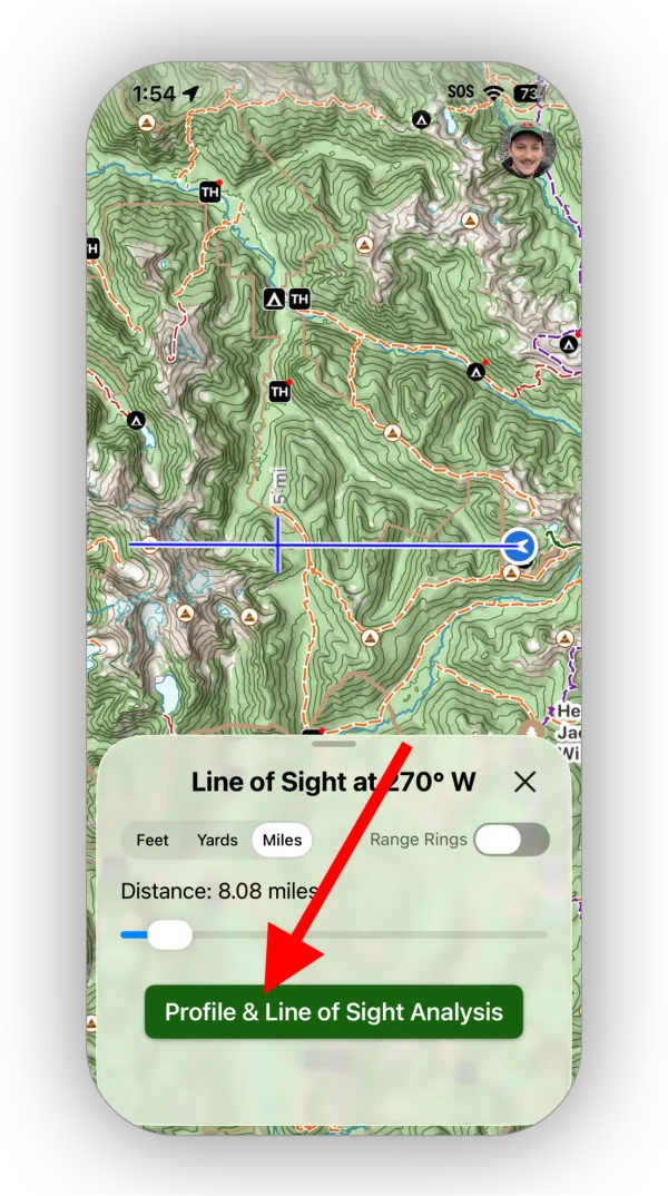 The Line of Sight sheet with distance units, the distance slider, and Profile & Line of Sight Analysis