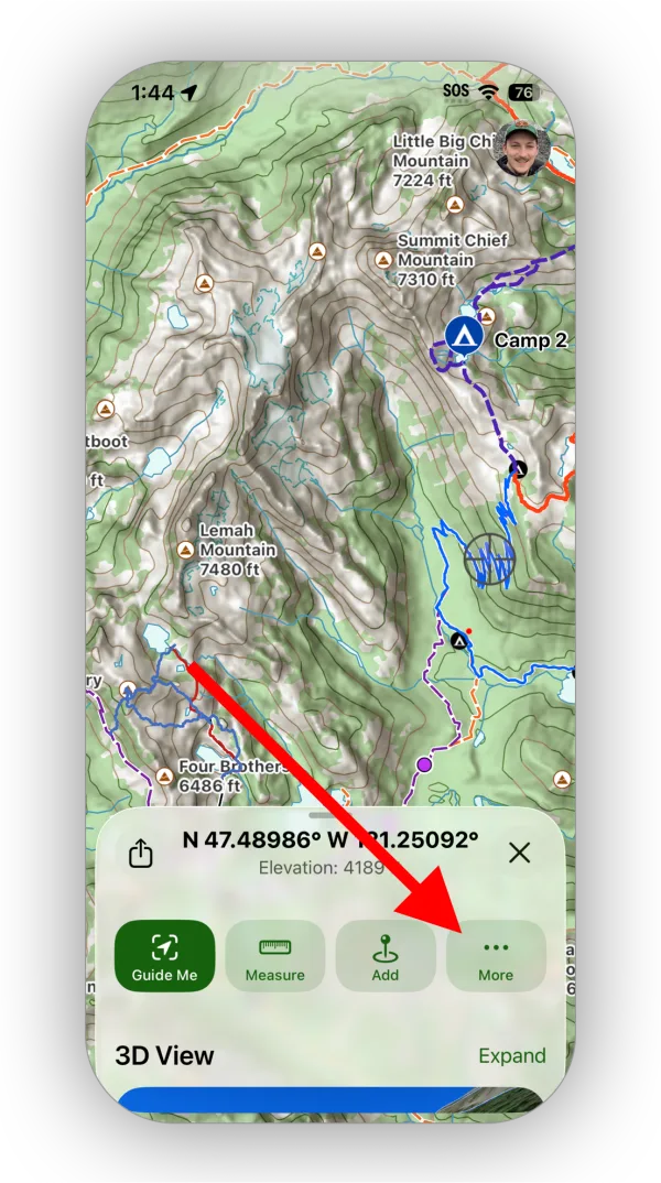 The More button in the sheet for a point on the map