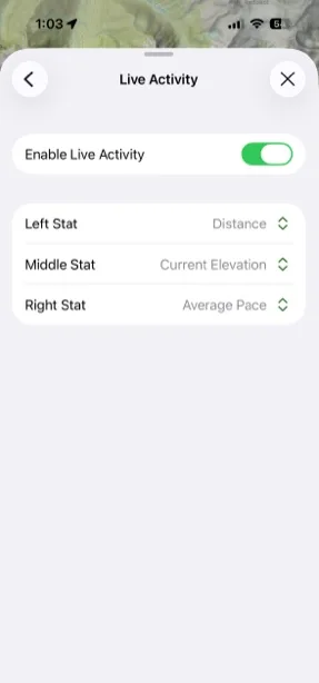 Live Activity settings with Enable Live Activity and the Left, Middle, and Right Stat options