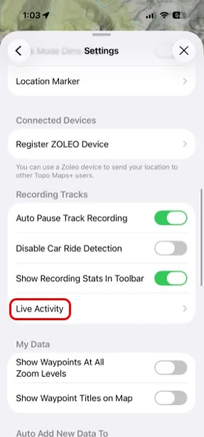 The Live Activity setting under Recording Tracks