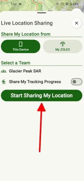 Live Location Sharing options with the Start Sharing My Location button