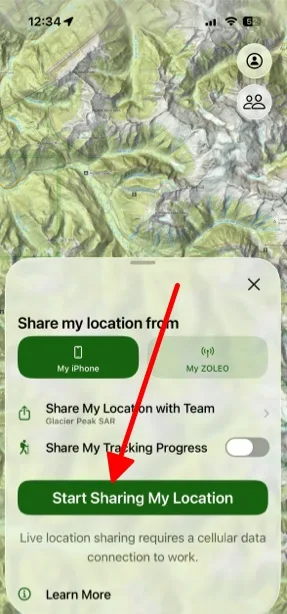 Live Location Sharing options with the Start Sharing My Location button