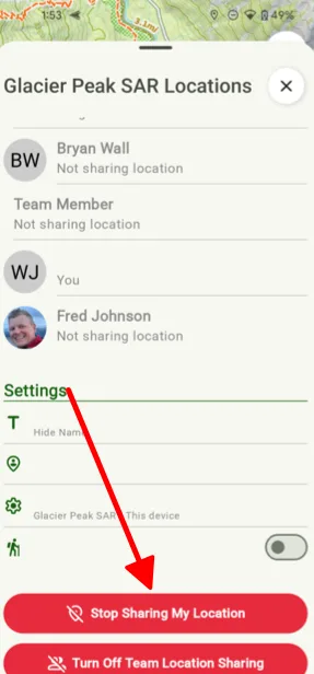 The Stop Sharing My Location button at the bottom of the team locations list
