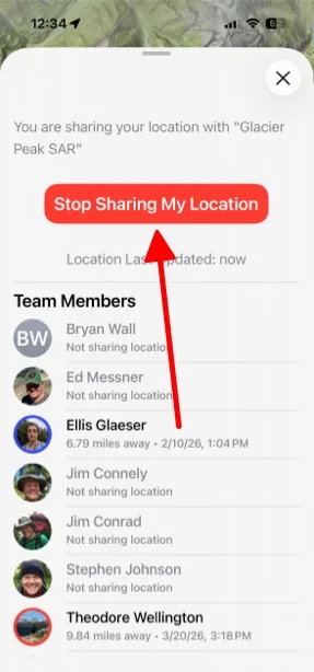 The Stop Sharing My Location button above the list of team members