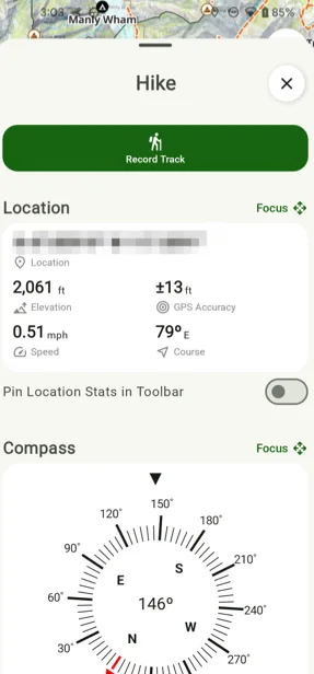 The Location section and the compass in the Hike menu