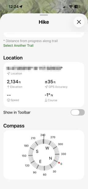 The Location section and the compass in the Hike menu
