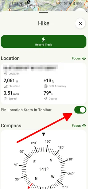 The toggle that shows location stats in the toolbar