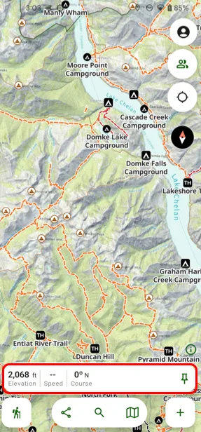 Elevation, speed, and course shown in the map toolbar
