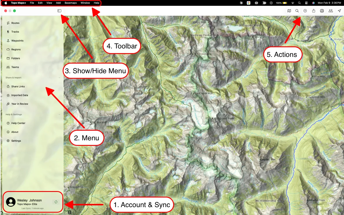The Topo Maps+ Mac window with Account & Sync, Menu, Show/Hide Menu, Toolbar, and Actions labeled