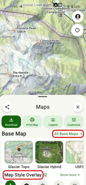 The activity options on the Maps screen