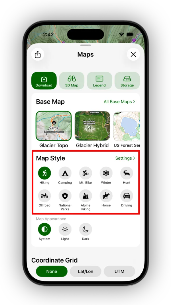 The activity options on the Maps screen