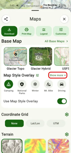 The Map Style Overlay toggle for a base map other than Glacier Topo