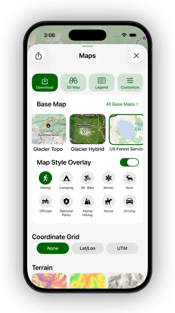The Map Style Overlay toggle for a base map other than Glacier Topo