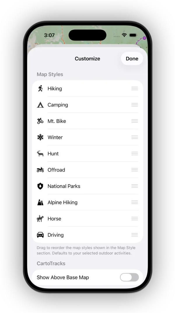 Dragging map styles to reorder them on the Customize screen