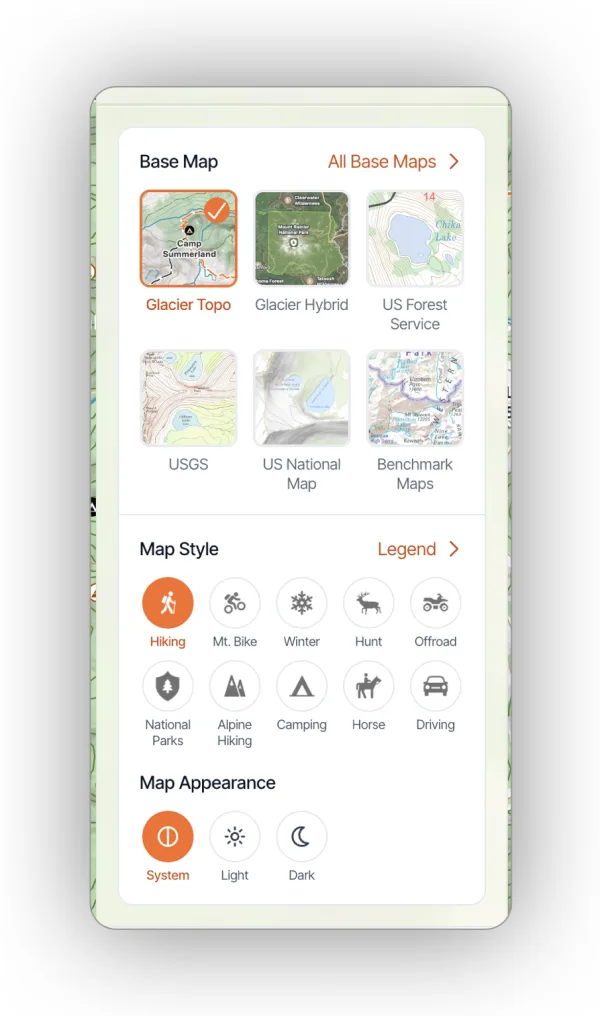 The Base Map, Map Style, and Map Appearance sections of the map dashboard