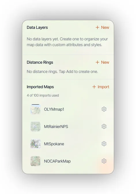 The Data Layers, Distance Rings, and Imported Maps sections of the map dashboard