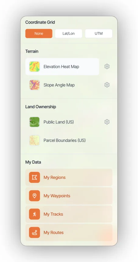 The Coordinate Grid, Terrain, Land Ownership, and My Data sections of the map dashboard