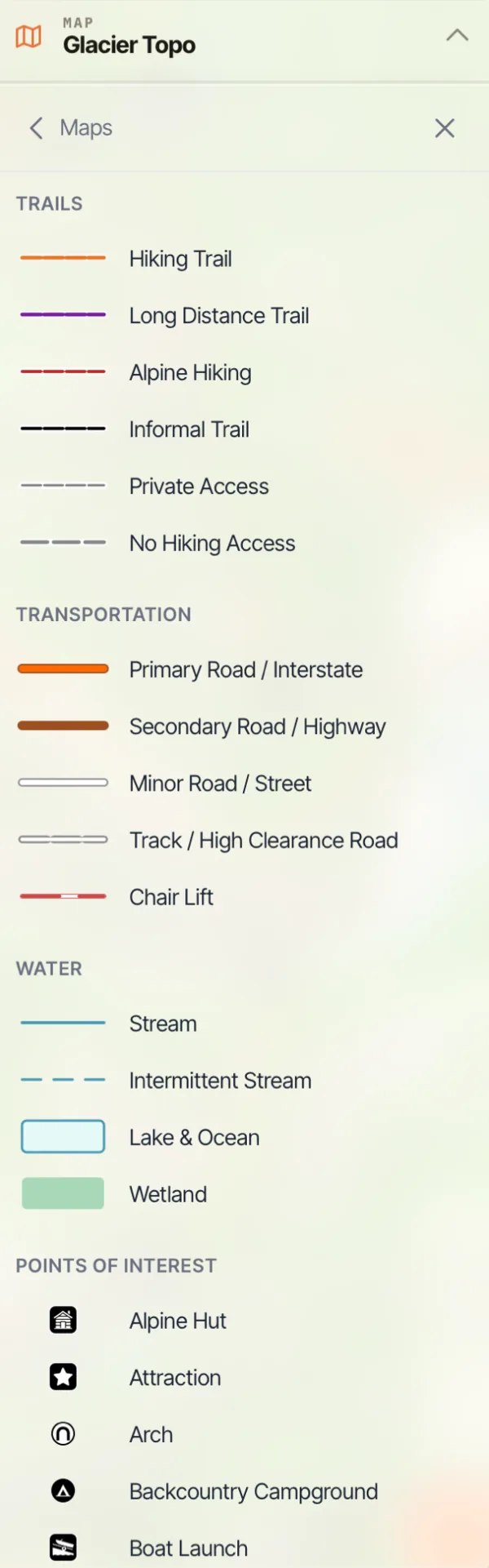 The Glacier Topo legend listing trails, transportation, water, and points of interest