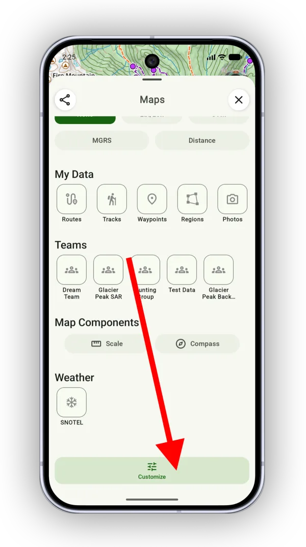 The Customize button at the bottom of the Maps screen