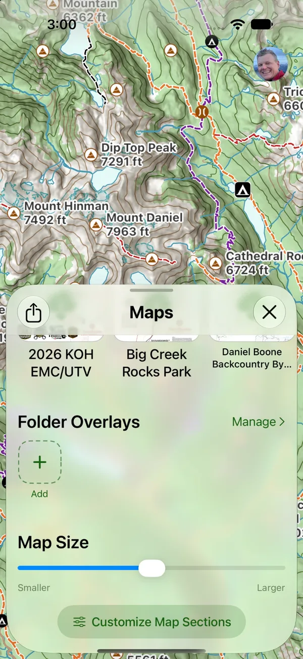 The button for customizing sections at the bottom of the Maps screen
