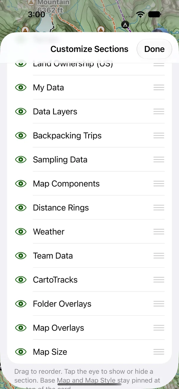 Showing the Map Overlays section in the section customizer
