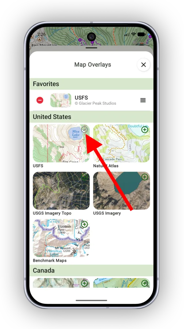 Choosing a map in the Map Overlays picker