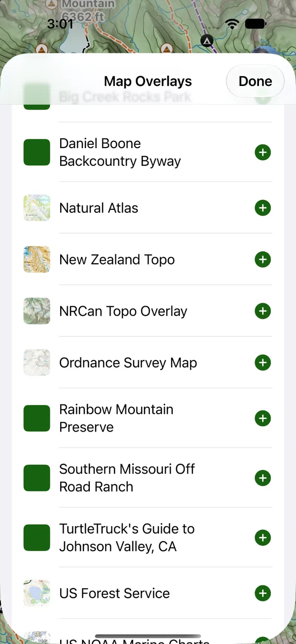 Choosing a map in the Map Overlays picker