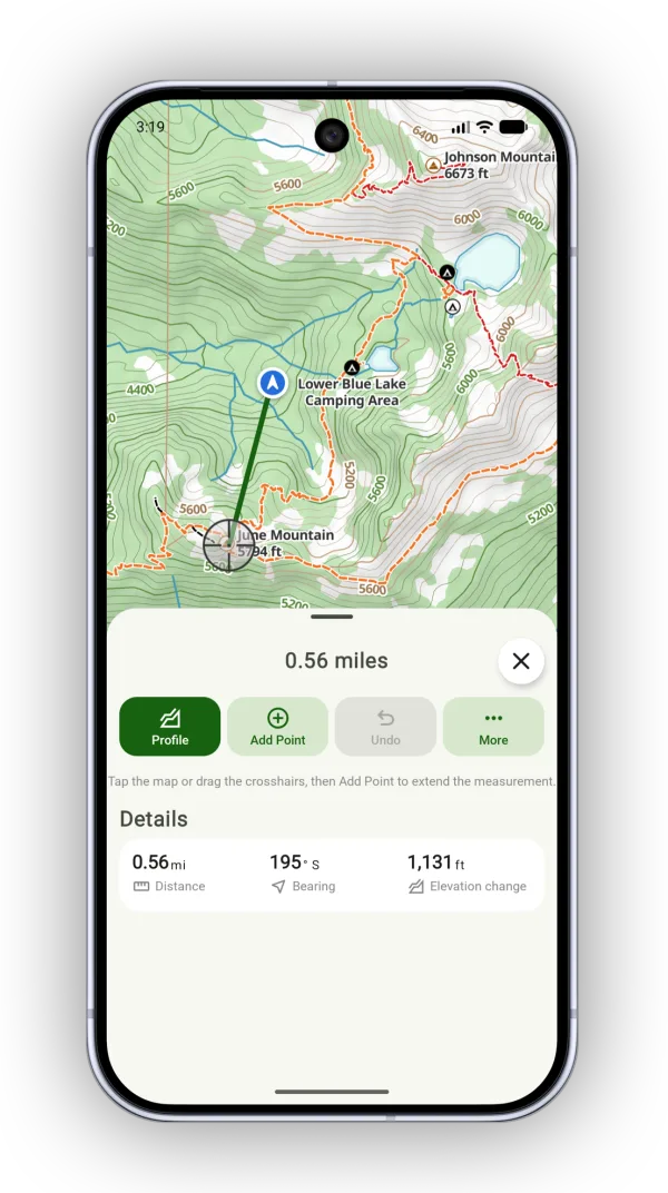 A measurement line starting at your current location
